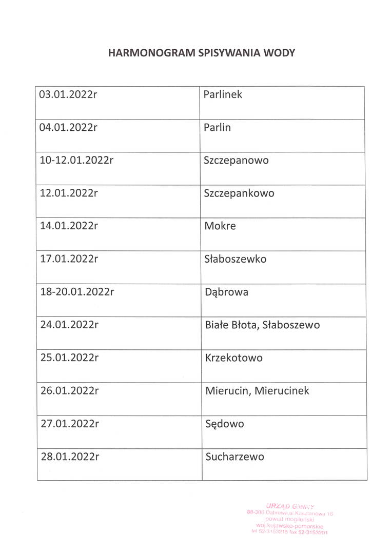 Harmonogram spisywania wody - Styczeń 2022r.