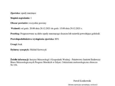 Ostrzeżenie meteorologiczne o opadach marznącego deszczu