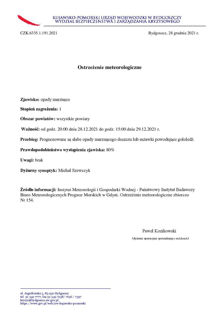 Ostrzeżenie meteorologiczne o opadach marznącego deszczu