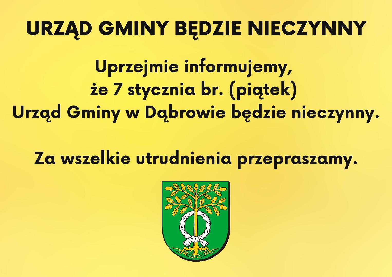 Urząd Gminy w Dąbrowie będzie nieczynny