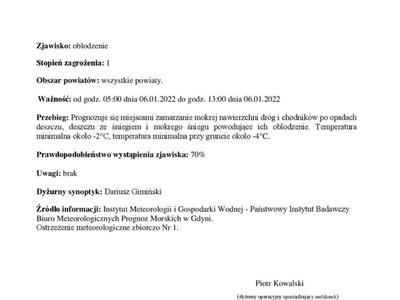 Ostrzeżenie meteorologiczne o oblodzeniu