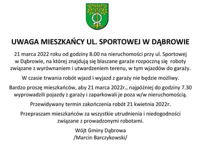 Uwaga mieszkańcy ul. Sportowej w Dąbrowie!