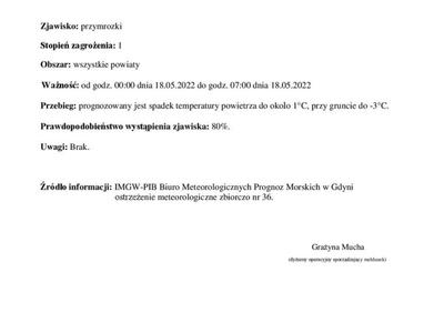 Ostrzeżenie o przymrozkach