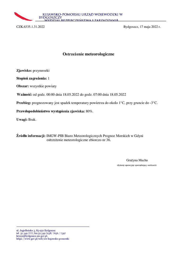 Ostrzeżenie o przymrozkach