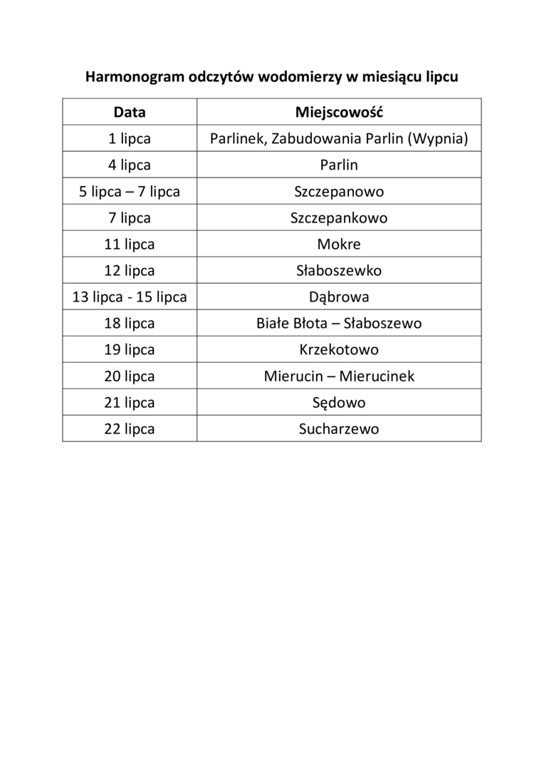 Harmonogram odczytów wodomierzy w miesiącu lipcu