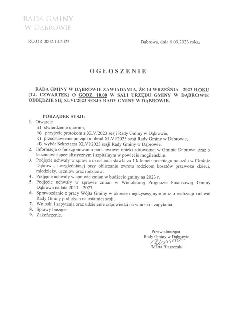 Ogłoszenie o sesji.