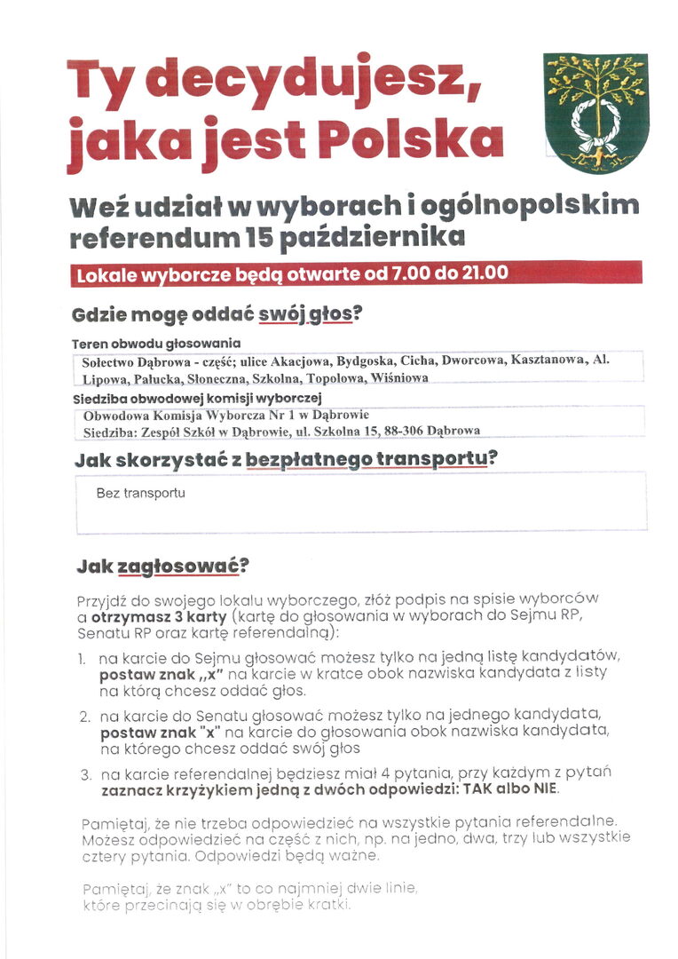 Plakat o głosowaniu w  Wyborach do Sejmu RP  i Senatu RP i Referendum w OBW Nr 1 w Dąbrowie