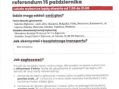 Plakat o głosowaniu w  Wyborach do Sejmu RP  i Senatu RP i Referendum w OBW Nr 1 w Dąbrowie
