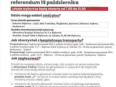 Plakat o głosowaniu w  Wyborach do Sejmu RP  i Senatu RP i Referendum w OBW Nr 2 w Dąbrowie