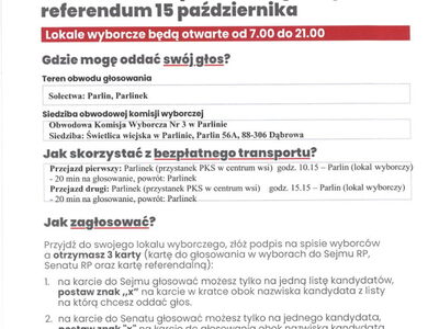 Plakat o głosowaniu w  Wyborach do Sejmu RP  i Senatu RP i Referendum w OBW Nr 3 w Parlinie