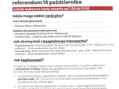 Plakat o głosowaniu w  Wyborach do Sejmu RP  i Senatu RP i Referendum w OBW Nr 4 w Słaboszewku