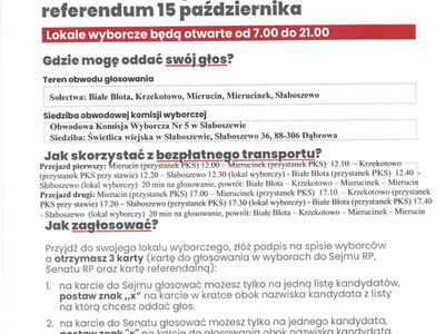 Plakat o głosowaniu w  Wyborach do Sejmu RP  i Senatu RP i Referendum w OBW Nr 5 w Słaboszewie