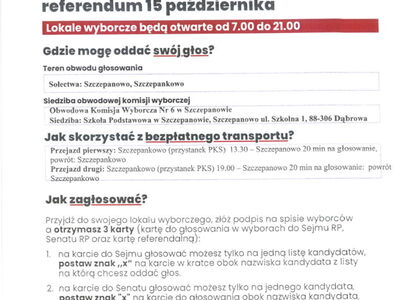 Plakat o głosowaniu w  Wyborach do Sejmu RP  i Senatu RP i Referendum w OBW Nr 6 w Szczepanowie