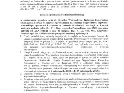Informacja Zarządu Województwa Kujawsko - Pomorskiego o opracowaniu projektu uchwały Sejmiku Województwa Kujawsko - Pomorskiego zmieniającej uchwałę w sprawie wprowadzenia na obszarze województwa Kujawsko - Pomorskiego ograniczeń i zakazów w zakresie eksploatacji instalacji, w których następuje spalanie paliw.