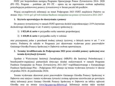 Informacja o programie pomocy żywnościowej