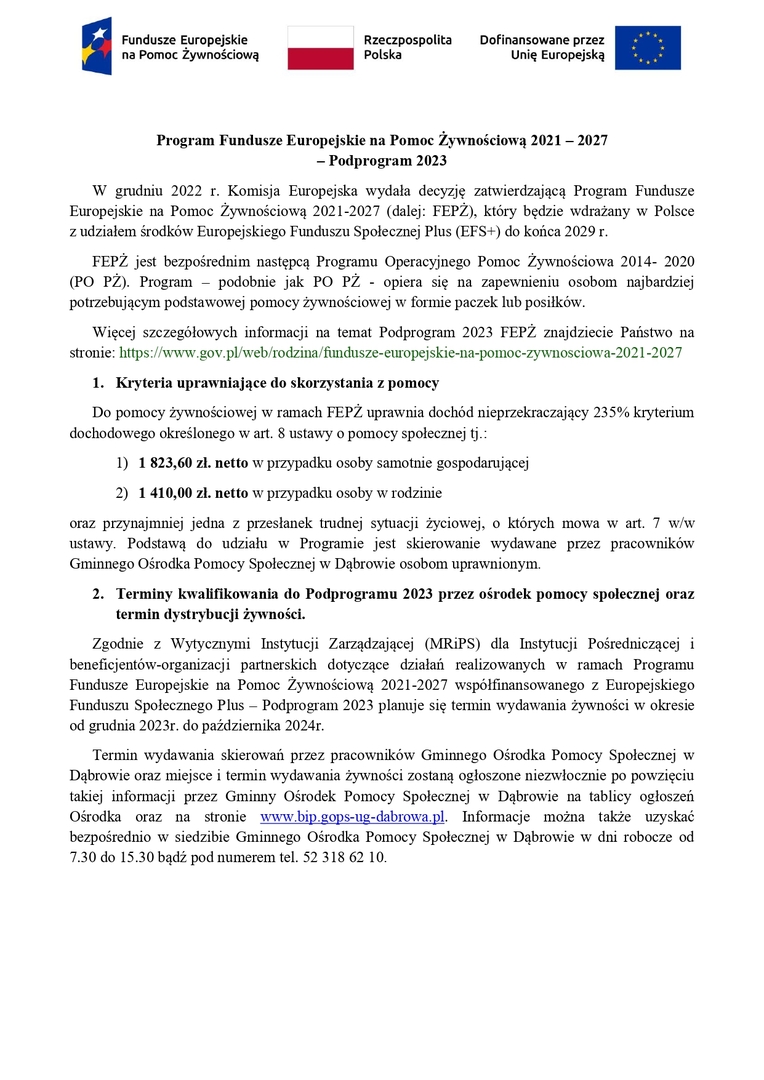 Informacja o programie pomocy żywnościowej 
