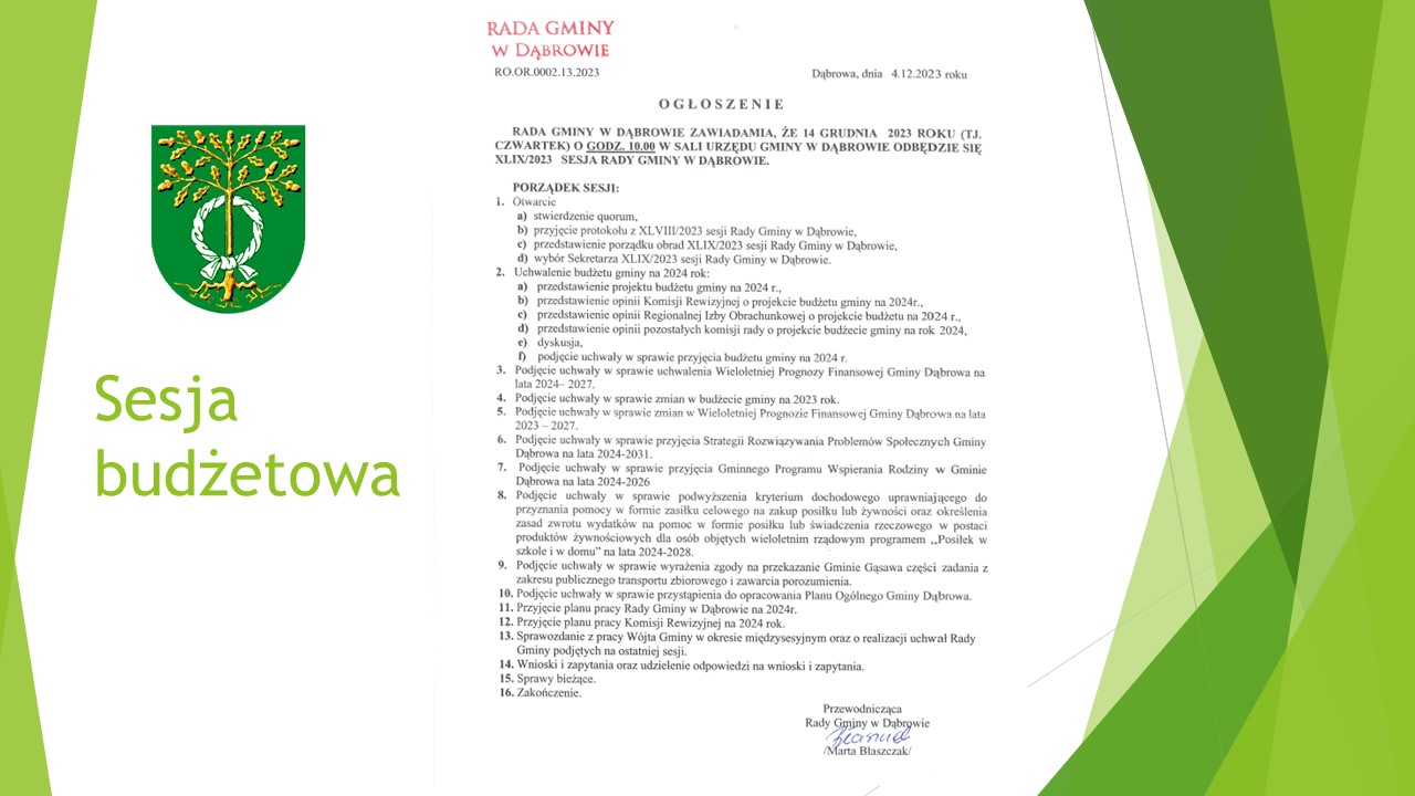 Ogłoszenie o XLIX/2023 sesji Rady Gminy w Dąbrowie w dniu 14 grudnia 2023 roku.
