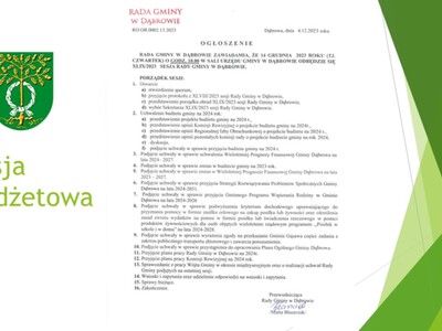 Ogłoszenie o XLIX/2023 sesji Rady Gminy w Dąbrowie w dniu 14 grudnia 2023 roku.