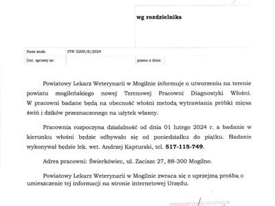Treść informacji z Powiatowego Lekarza Weterynarii.