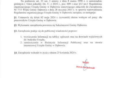Zarządzenie Wójta Gminy Dąbrowa o dniu wolnym od pracy.