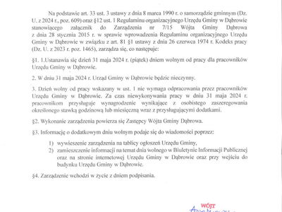 Zarządzenie Wójta Gminy Dąbrowa.