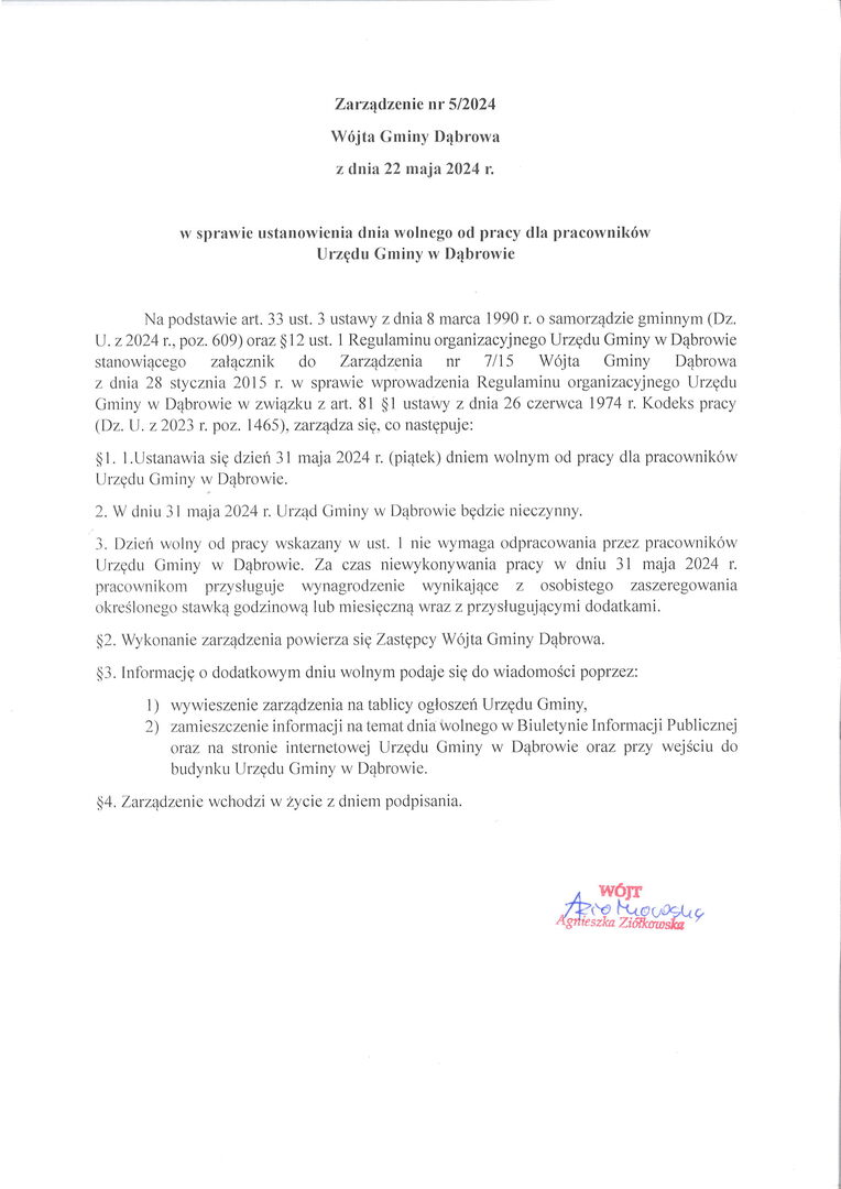 Zarządzenie Wójta Gminy Dąbrowa.