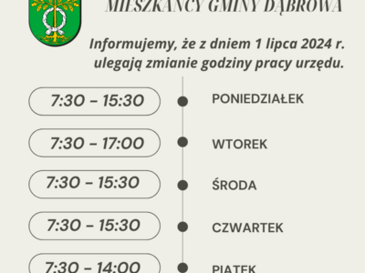 Informacja o nowych godzinach pracy Urzędu Gminy w Dąbrowie.