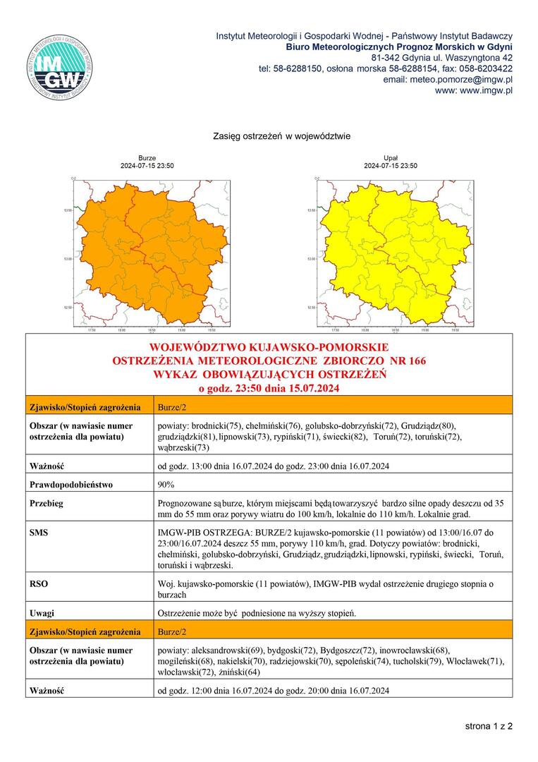 Komunikat o ostrzeżeniach meteorologicznych.