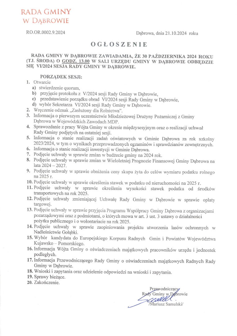 Ogłoszenie o VI/2024 sesji Rady Gminy  w dniu 30 października 2024 roku.