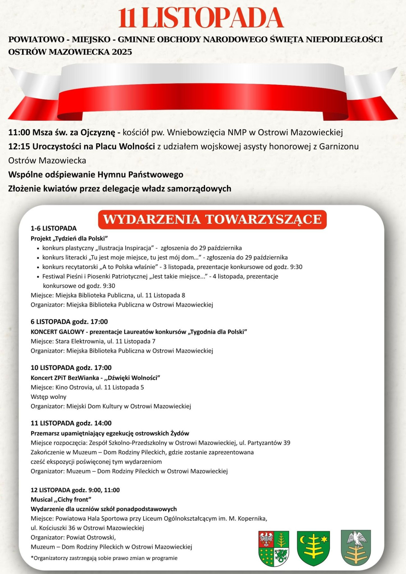 Program uroczystości 11 listopada