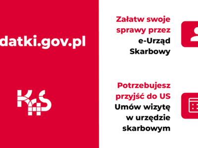 Baner informujący o stronie www dzięki której można umówić wizytę online w Urzędzie Skarbowym