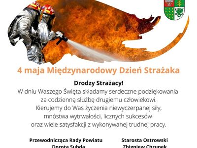 życzenia od Przewodniczącej Rady Powiatu oraz Starosty Ostrowskiego z okazji Międzynarodowego Dnia Strażaka
