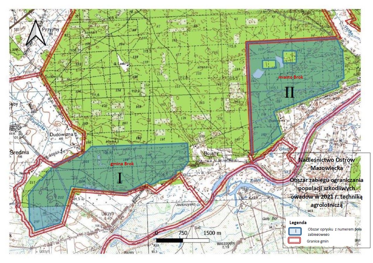 mapa z zaznaczonym terenem objętym opryskiem