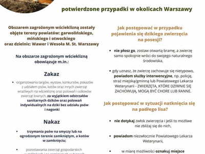 Plakat informujący o potwierdzonych przypadkach wścieklizny lisów w okolicach Warszawy