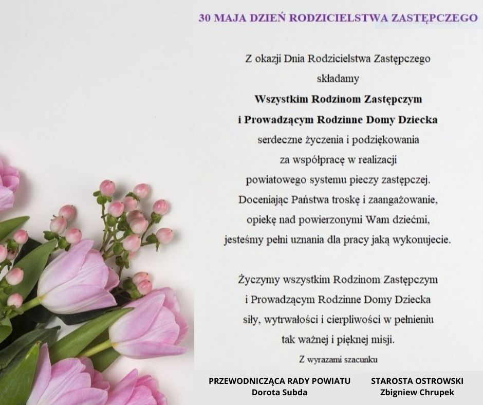 Życzenia od władz powiatu z okazji Dnia Rodzicielstwa Zastępczego