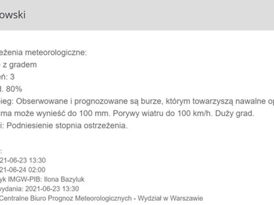 Informacja o ostrzeżeniu meteorologicznym 
