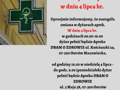 Informacja o zmianie dyżuru aptek