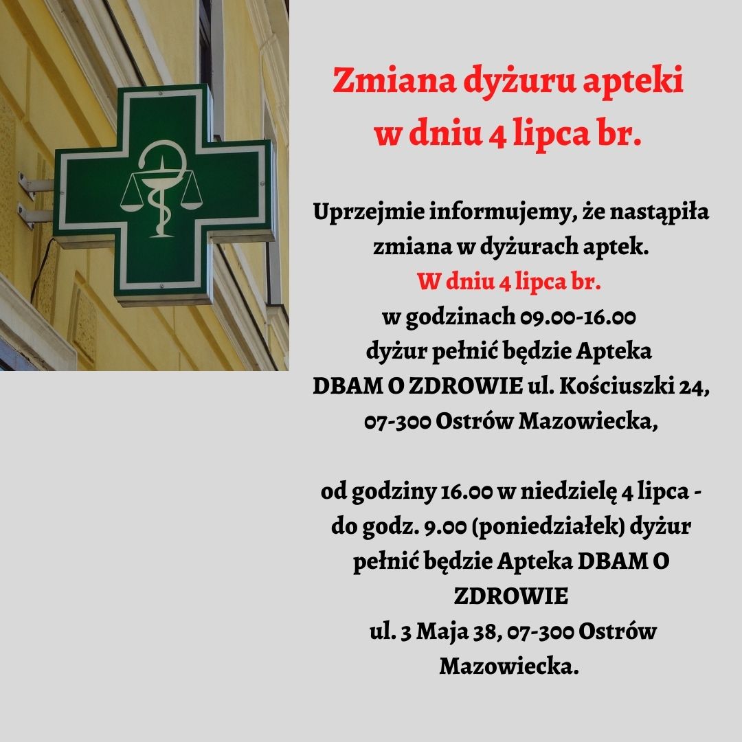 Informacja o zmianie dyżuru aptek