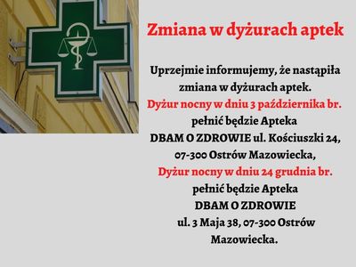 Zmiana w dyżurach pracy aptek - informacja