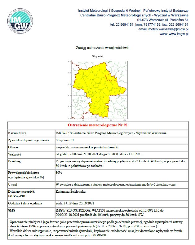 Ostrzeżenie meteorologiczne Nr 91 - silny wiatr