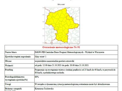Ostrzeżenie meteorologiczne Nr 91 - silny wiatr