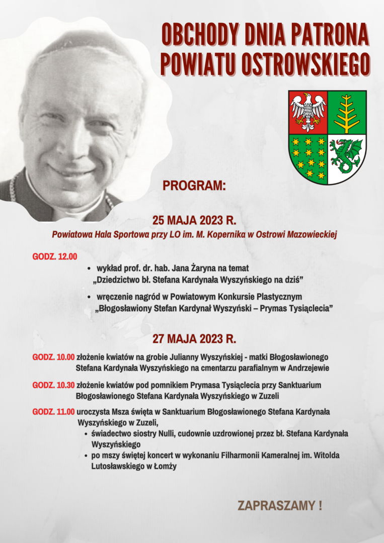 Plakat informujący o obchodach Dnia Patrona Powiatu Ostrowskiego