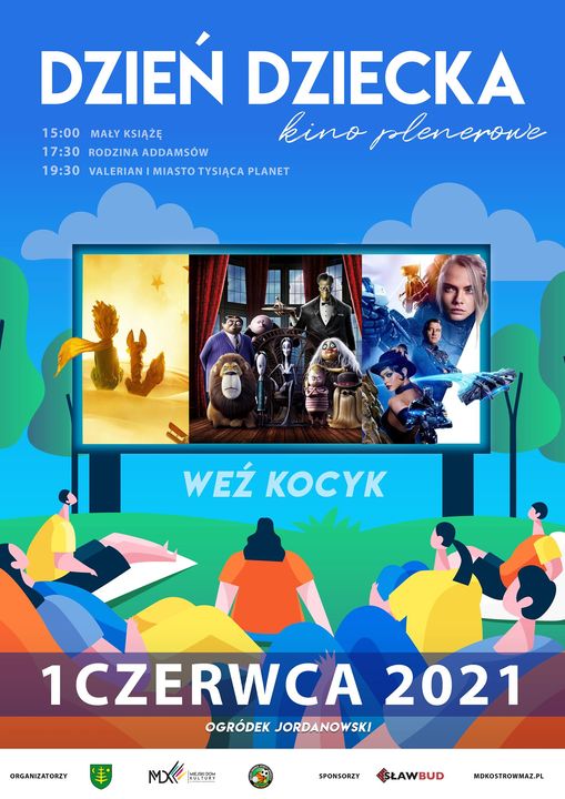 plakat informujący o kinie plenerowym z okazji Dnia Dziecka