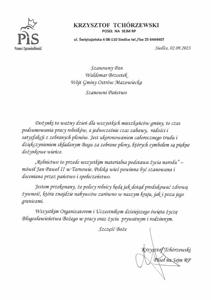 List Krzysztofa Tchórzewskiego z okazji Dożynek gminno-parafialnych Gminy Ostrów Mazowiecka 2023