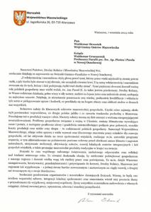 List od Marszałka Województwa Mazowieckiego Pana Adama Struzika - Dożynki Gminno-Parafialne Gminy Ostrów Mazowiecka 2024