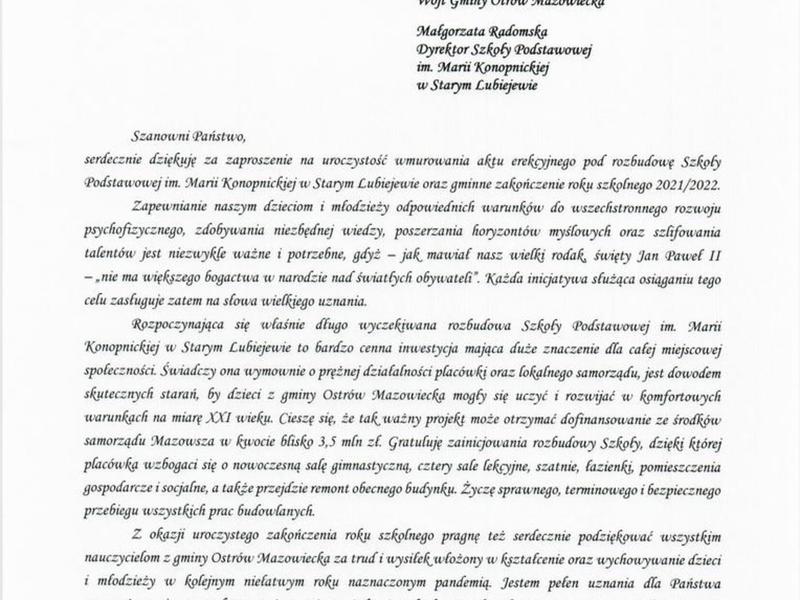 List od Marszałka Województwa Mazowieckiego