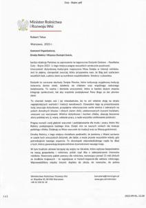 List od Ministra Rolnictwa i Rozwoju Wsi Roberta Telusa z okazji Dożynek gminno-parafialnych Gminy Ostrów Mazowiecka 2023