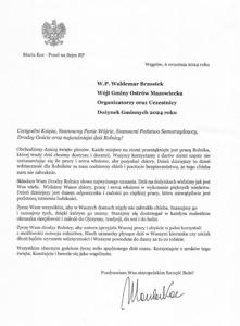 List od Pani Poseł na Sejm RP Marii Koc - Dożynki Gminno-Parafialne Gminy Ostrów Mazowiecka 2024