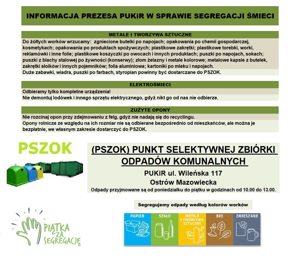 Informacja Prezesa PUKiR w sprawie segregacji śmieci