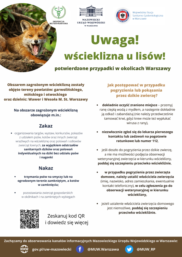 Kolejne przypadki wścieklizny u lisów wolno żyjących na terenie województwa mazowieckiego